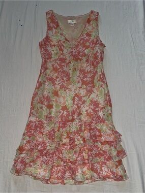 Ann Taylor LOFT Coral Pink Watercolor Floral Tiered Ruffle Dress Size 0